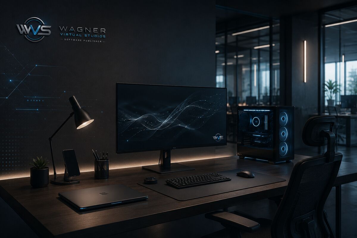 Der Arbeitsplatz von Wagner Virtual Studios: Schreibtisch mit Bildschirm und Rechner, an der Wand das Firmenzeichen